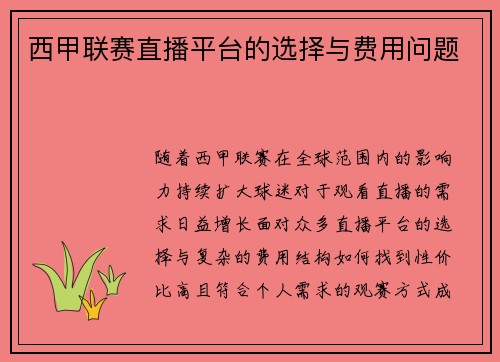 西甲联赛直播平台的选择与费用问题